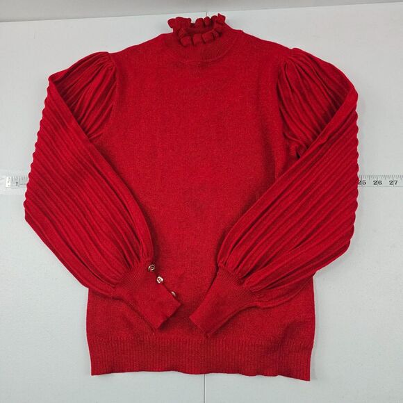 Nanette Lepore Red Puff Sleeve‎ Sweater Ruffle Neck Metallic Knit Small 4695 - Picture 1 of 10
